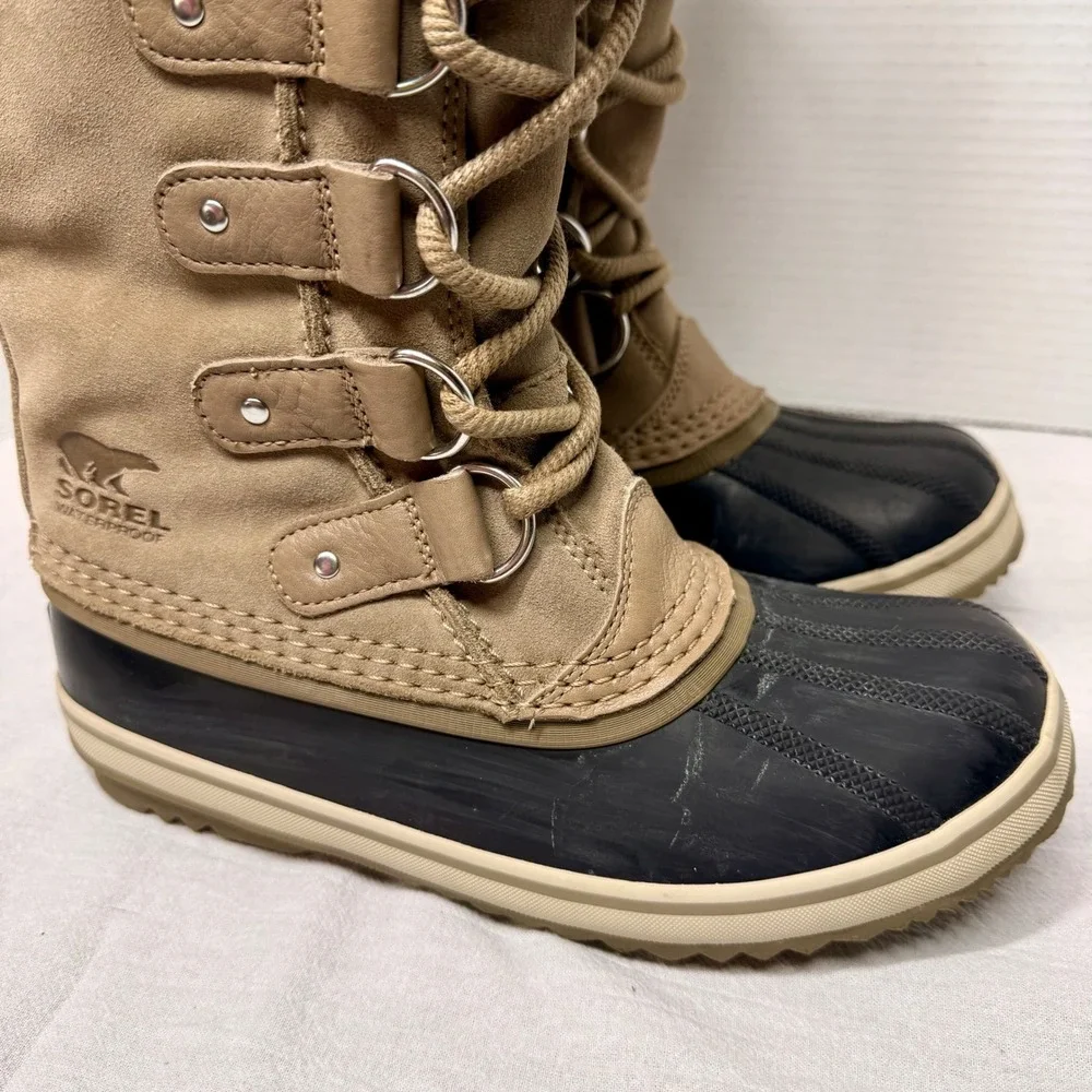 Sorel Joan of Arctic Boots Women 6.5 Waterproof Snow Faux Fur Camel Navy NL3481